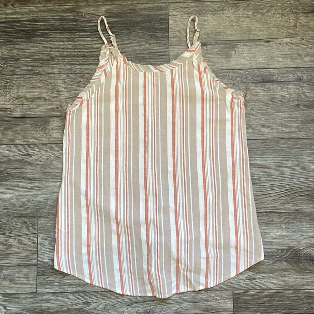 Umgee | Neutral Vertical Striped Tie Front Spaghetti Stripe Tank Top Small - Picture 4 of 8